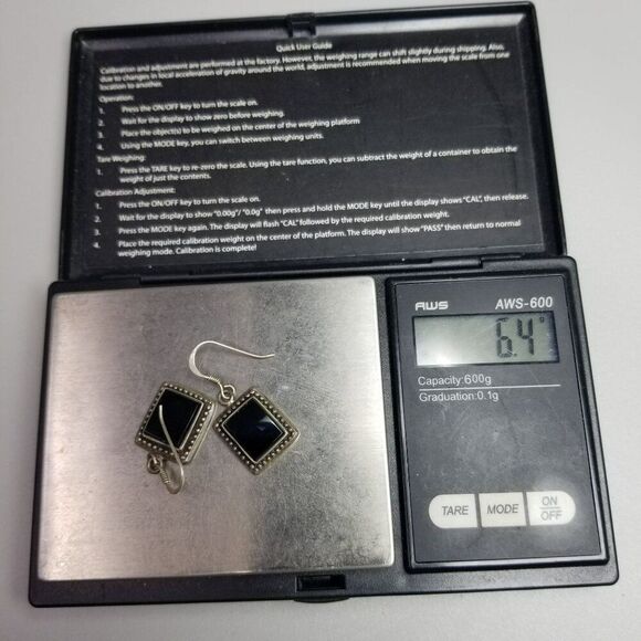 Vintage Sterling Silver Black Onyx Square Dangle Earrings, 925 Estate - Picture 6 of 8